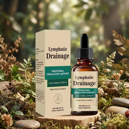 Lymphatic drainage herbal supplement in amber glass dropper bottle with product packaging.